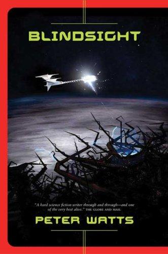 Cover of a paperback edition of Blindsight by Peter Watts, showing a dark alien vessel against a starfield