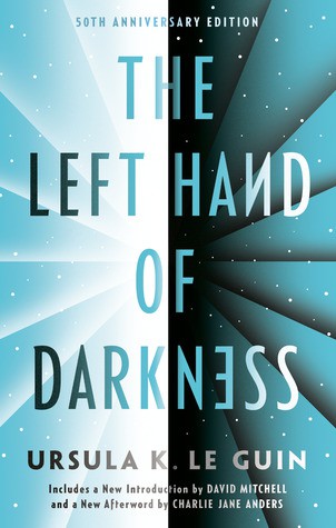 Cover of a paperback edition of The Left Hand of Darkness by Ursula K. Le Guin, showing a stylized icy landscape under a pale sky