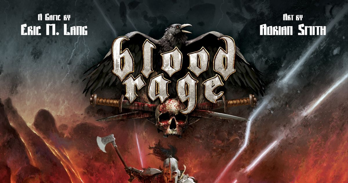 Box art for Blood Rage, showing a fierce viking warrior wielding a weapon against a stormy battlefield backdrop